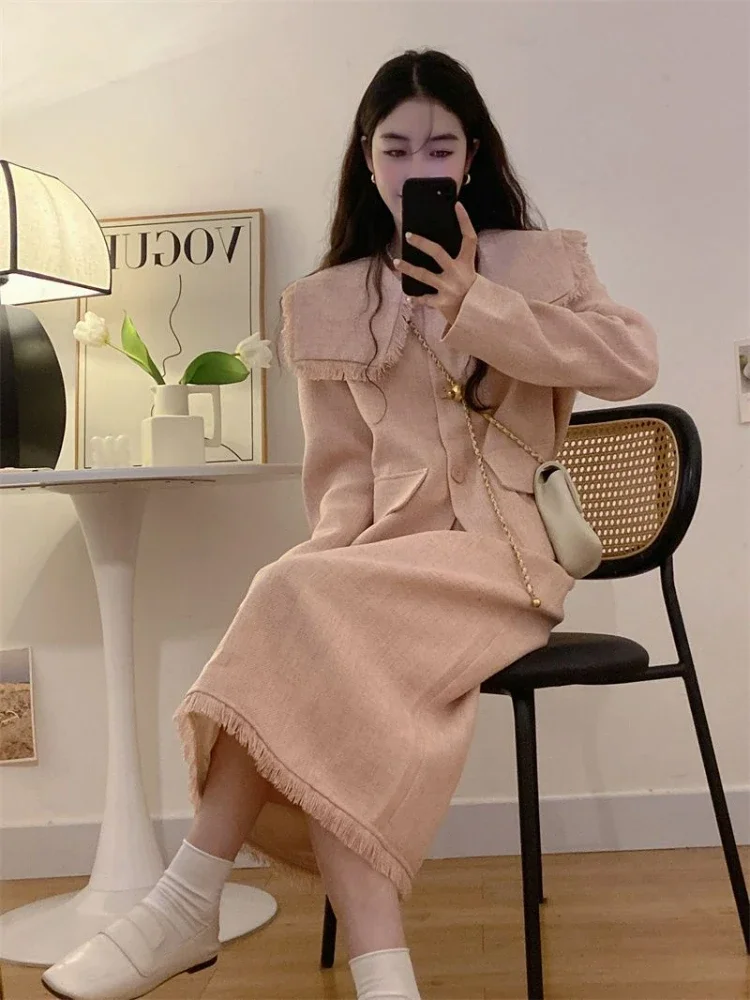 

UNXX Sets Women Autumn Korean New Fashion Tassel Doll Neck Long Sleeve Blazer Coats + Half Skirt 2 Piece Sets Womens Outfits
