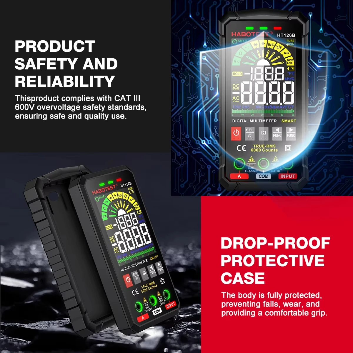 HABOTEST HT126 600V Digital Auto Range DMM Voltmeter True RMS AC DC NCV Voltage Meter 6000 Counts Smart digital multimeter multimeter tester analog multimeter