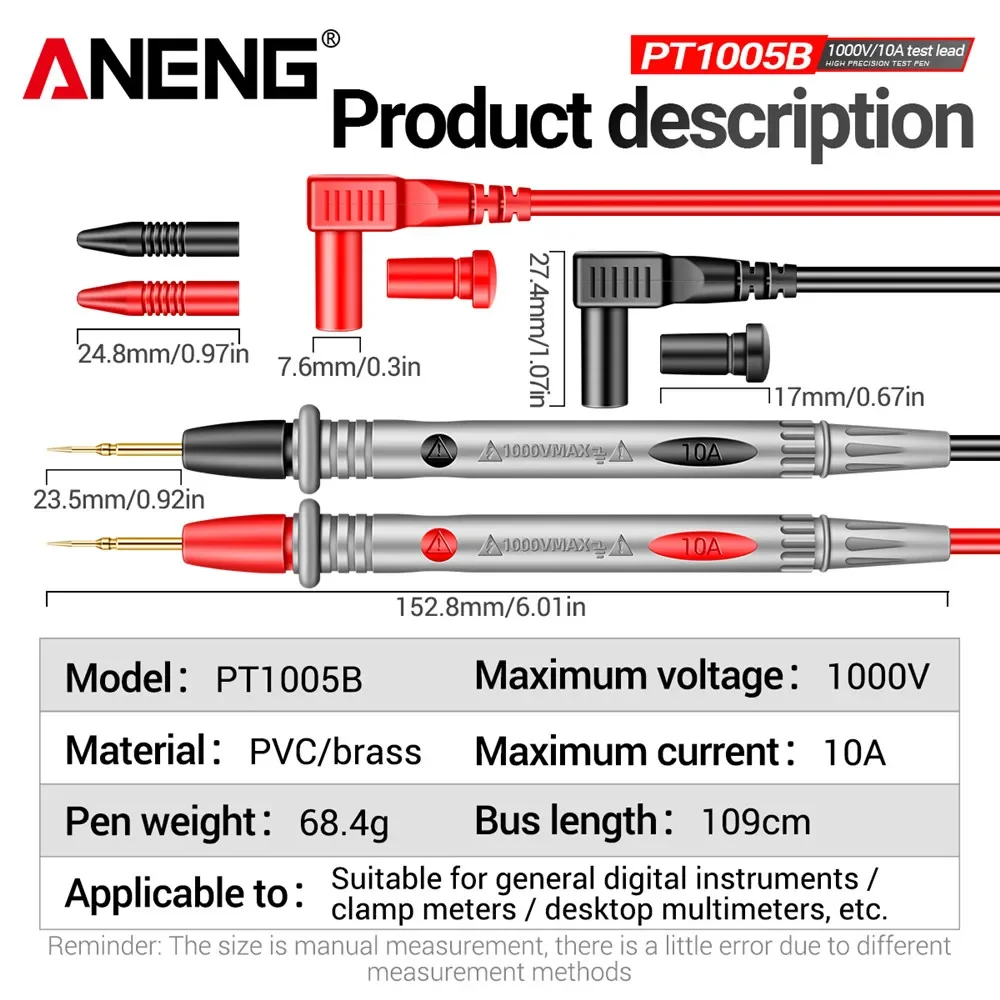 ANENG PT1005B Digital Multimeter Test Leads Universal Probe 1000V 10A Needle Tip Multi Meter Tester Lead Probe Wire Pen Cable