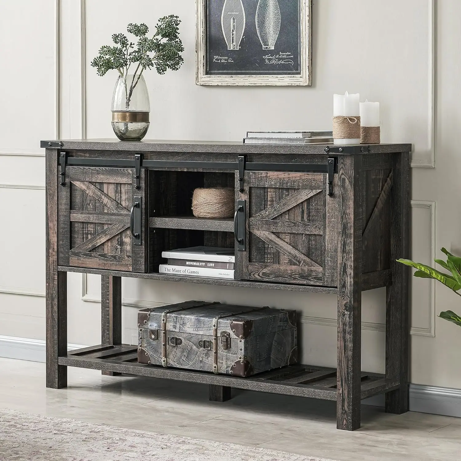 

OKD Entryway Table with Sliding Barn Doors, 46" Farmhouse Console Table with Storage Shelf, Rustic Sofa Table Behind Couch