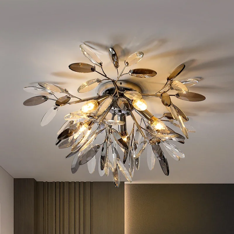 

Led Art Chandelier Pendant Lamp Light Luxury Crystal Chrome Ceiling Restaurant Nordic Postmodern Master Bedroom Creative Flower