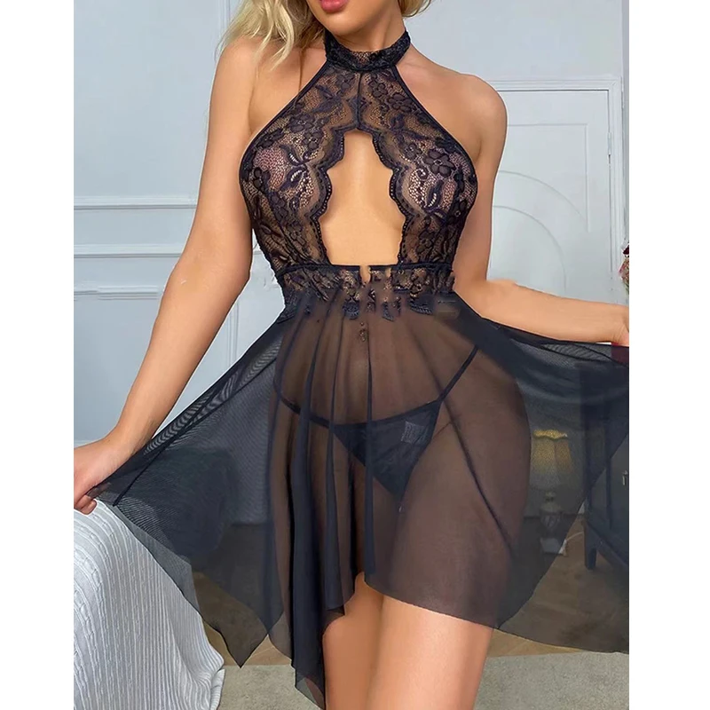 

Women Lingerie Deep V Neck Nightwear One Piece Sexy Nightgowns Mosaic Lace Mesh Dress