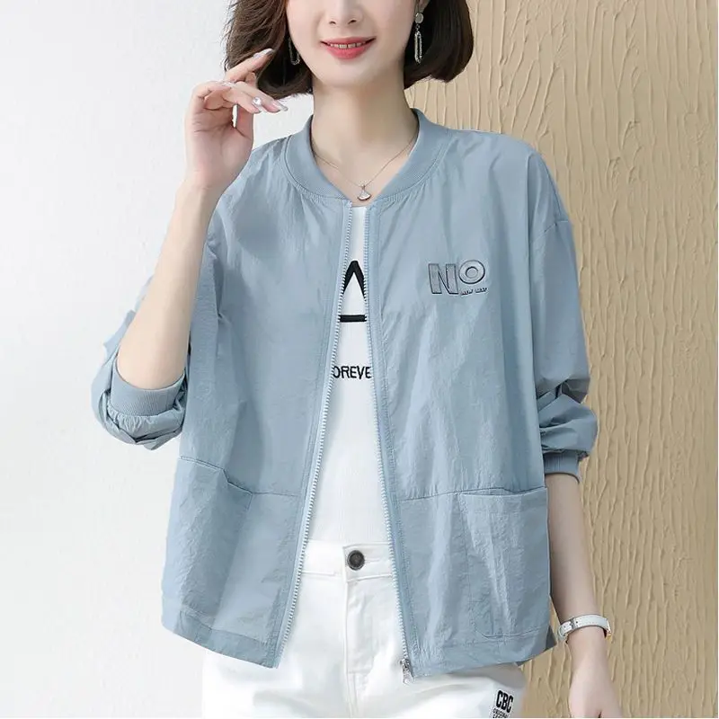 

Sperm Summer Thin Long Sleeve Loose Office Lady Fashion Casual Solid Jackets Simplicity Stand Collar Patchwork Women's Clothing