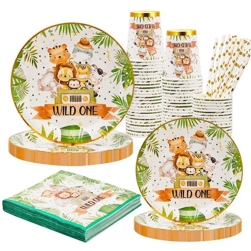 

Wild One Jungle Animal Party Tableware 1st Kid Birthday Party Decor Green Forest Party Supplies Jungle Safari Theme Party Decor