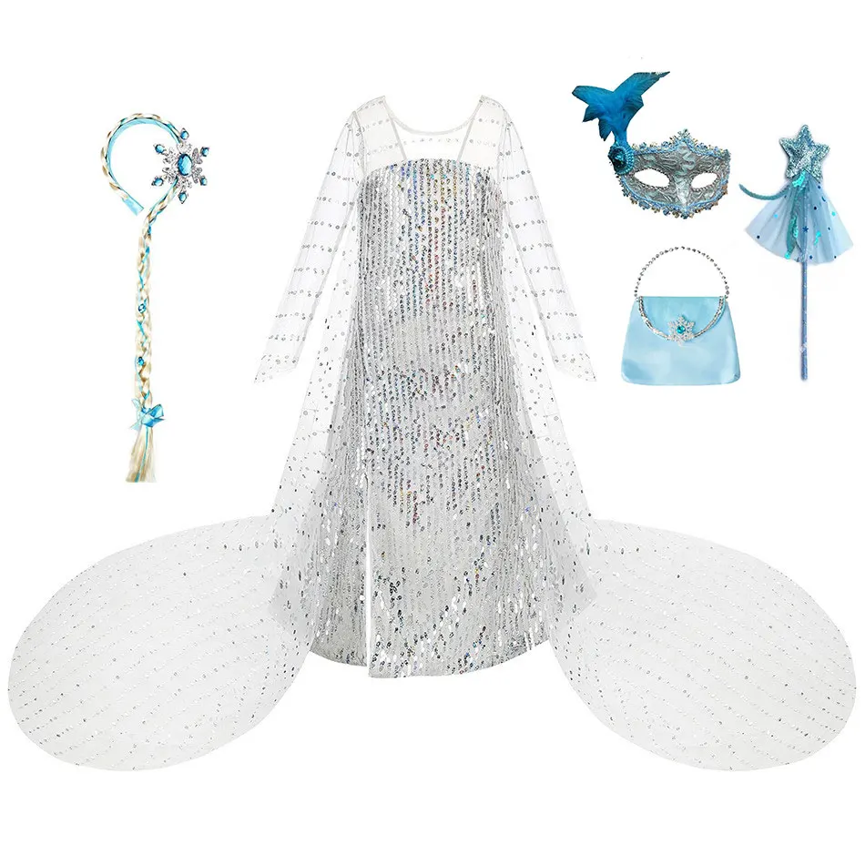 

Костюм на Хэллоуин для девочек, белое Сетчатое бальное платье принцессы Эльзы, Снежной королевы с блестками, карнавальный костюм для косплея