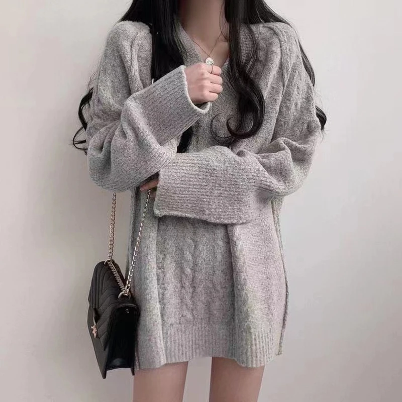 Fashion Autumn New V-neck Women's Long-sleeved Sweater Elegant Loose Knitwear Casual Jumper Solid Color Top Winter Pullover