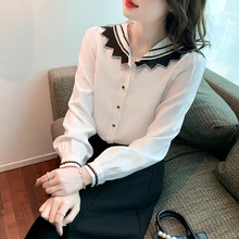 

Temperament Doll Collar Long-sleeved Shirt Women's 2022 Spring New Designed Long Puff Sleeve Navy Collar Ladies Blouse Tops