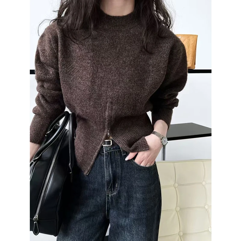 Autumn Temperament Round Neck Zipper Design Loose and Versatile Long Sleeved Knitted Sweater Solid Color Sweater for Women
