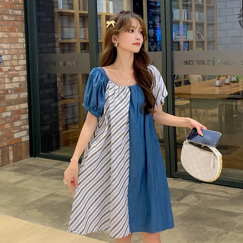 

Striped Patchwork Denim Dress for Maternity Summer Elastic Collar Puff Sleeve Pregnant Woman A-Line Dress Loose Pregnancy Shirts