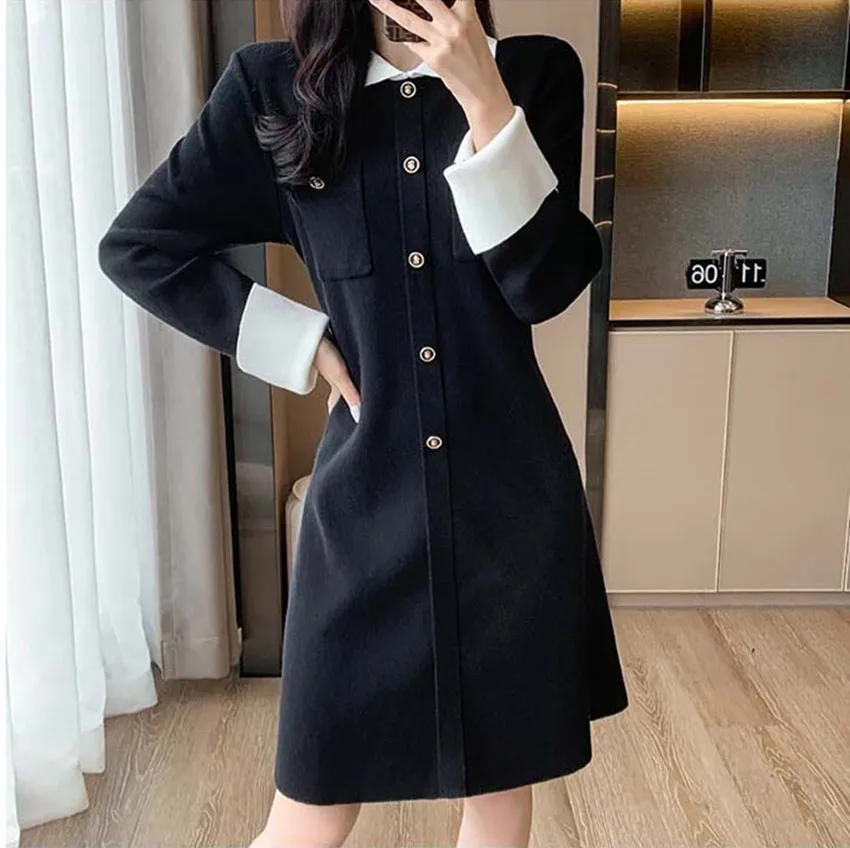 

High Quality Women Black White Hit Color Knitting Dress Vintage France Fall Winter Lapel Button Deco Long Sleeve Office Vestidos