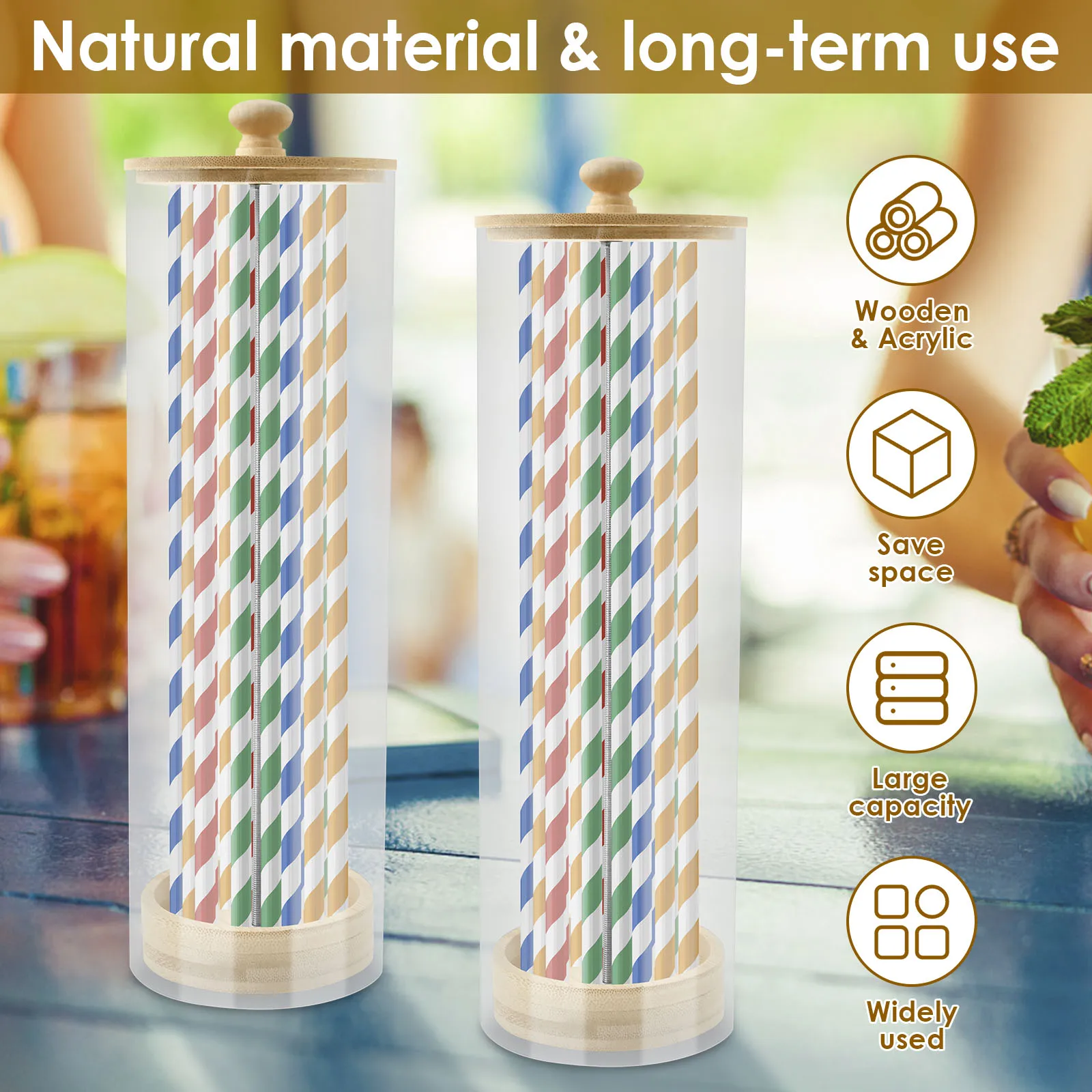 Clear Acrylic Straw Holder Organizer With Wood Lid For Kitchen Storage