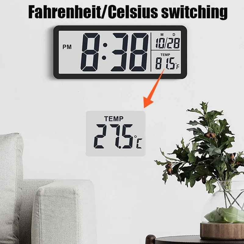 Digital Wall Clock Electronic Wall Mounted LCD Disply Clocks Multifunctional Temperature and Time Week Display Alarm Clock White 4