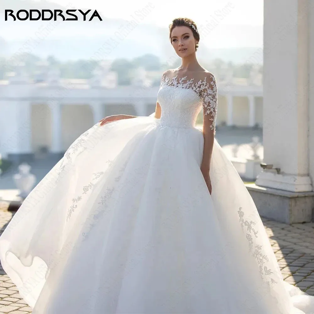 RODDRSYA Exquisite Lange Mouwen A-Lijn Bruidsjurken Scoop Nack Appliques Knop Bruidsjurk Elegante TuRODDRSYA Exquise Lange Mouwen A-lijn Trouwjurken Scoop Nack Appliques Knoop Bruidsjurk Elegante Tulle Vestido De Novia