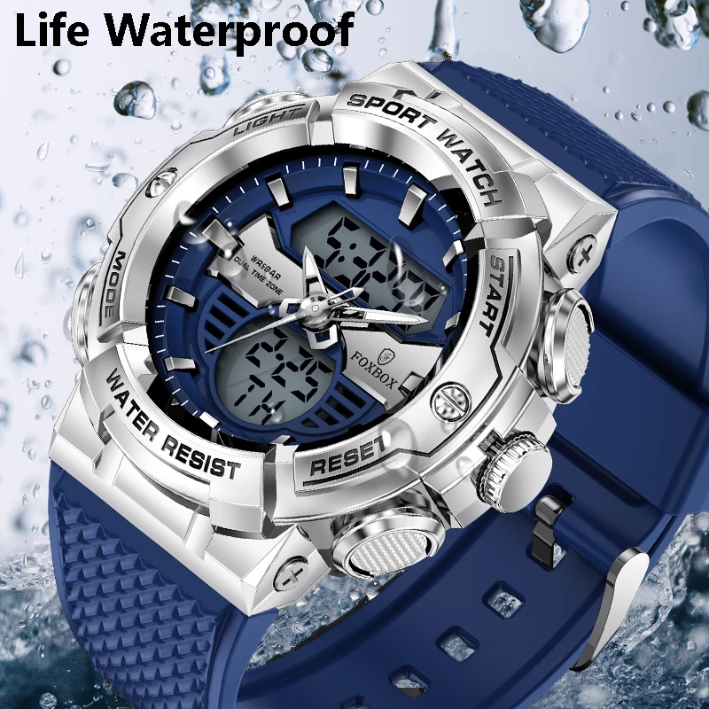 FOXBOX Men Sports Watch Fashion Digital Dual Time Quartz WristWatch For Men LED Alarm Date Waterproof Luminous Military Watches