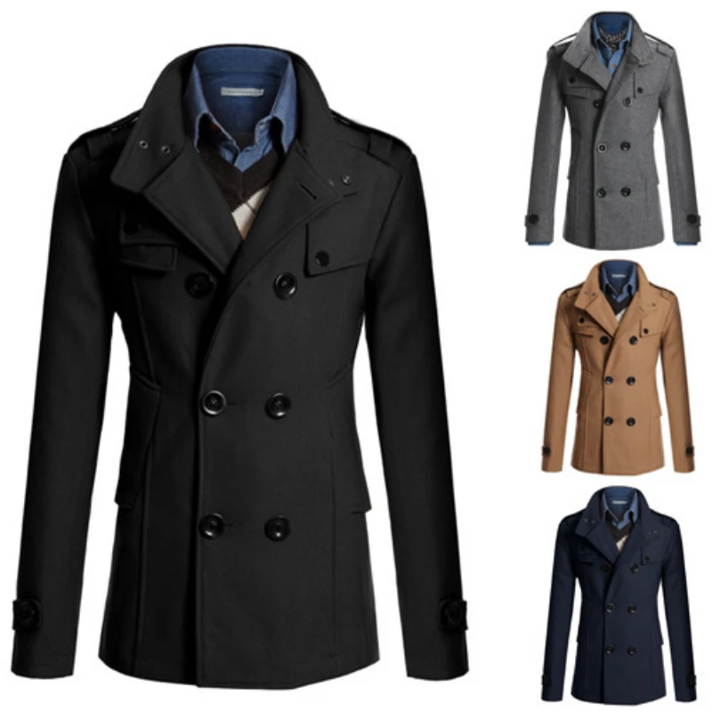 

Winter New British Style Wool Coat Men Double Breasted Mens Overcoat Stand Collar Slim Fit Trench Coat Outwear Windbreaker