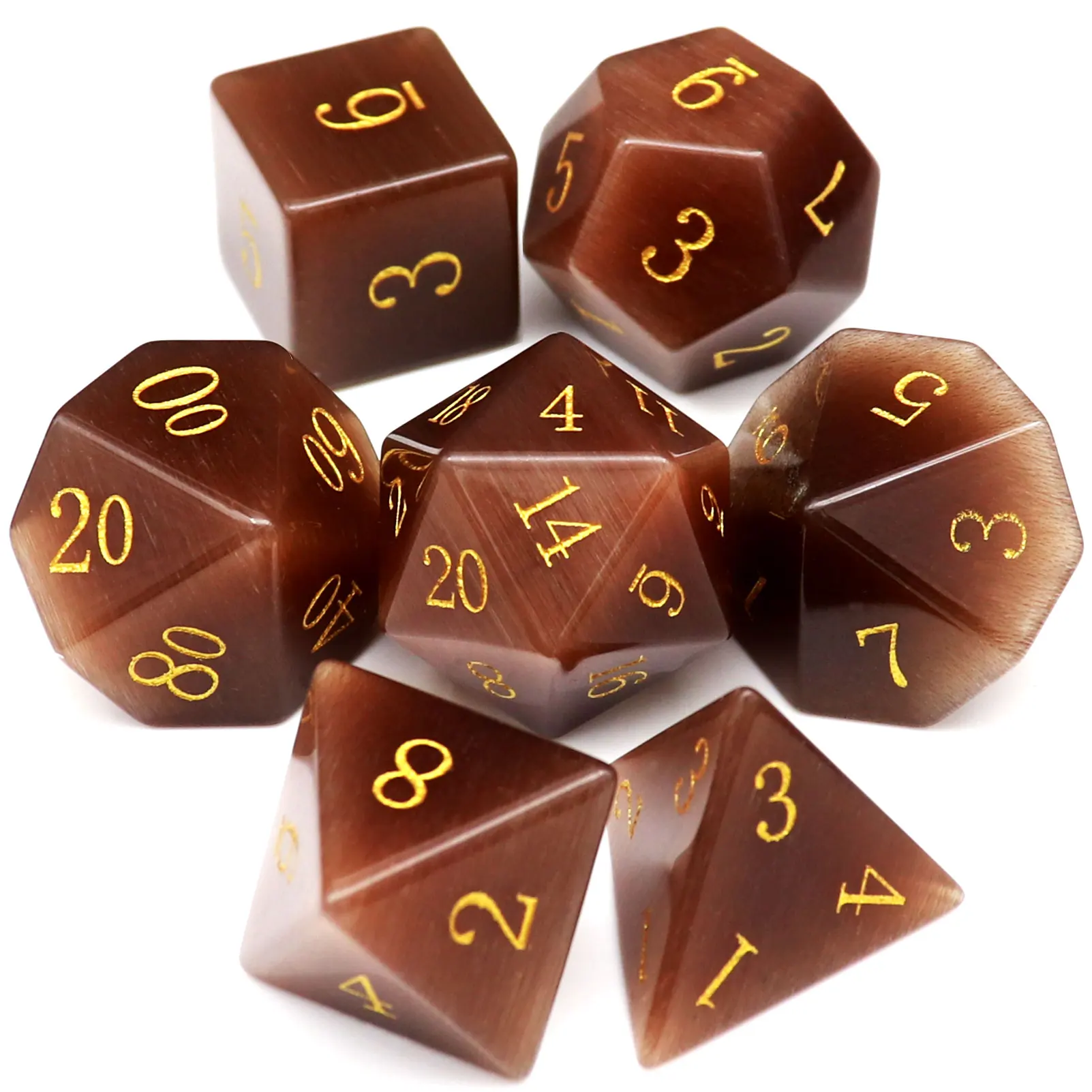 

Haxtec Coffee Cat Eye Gemstone Dice Set Polyhedral DND Dice W/ Wood Dice Case for D&D Dungeons and Dragons