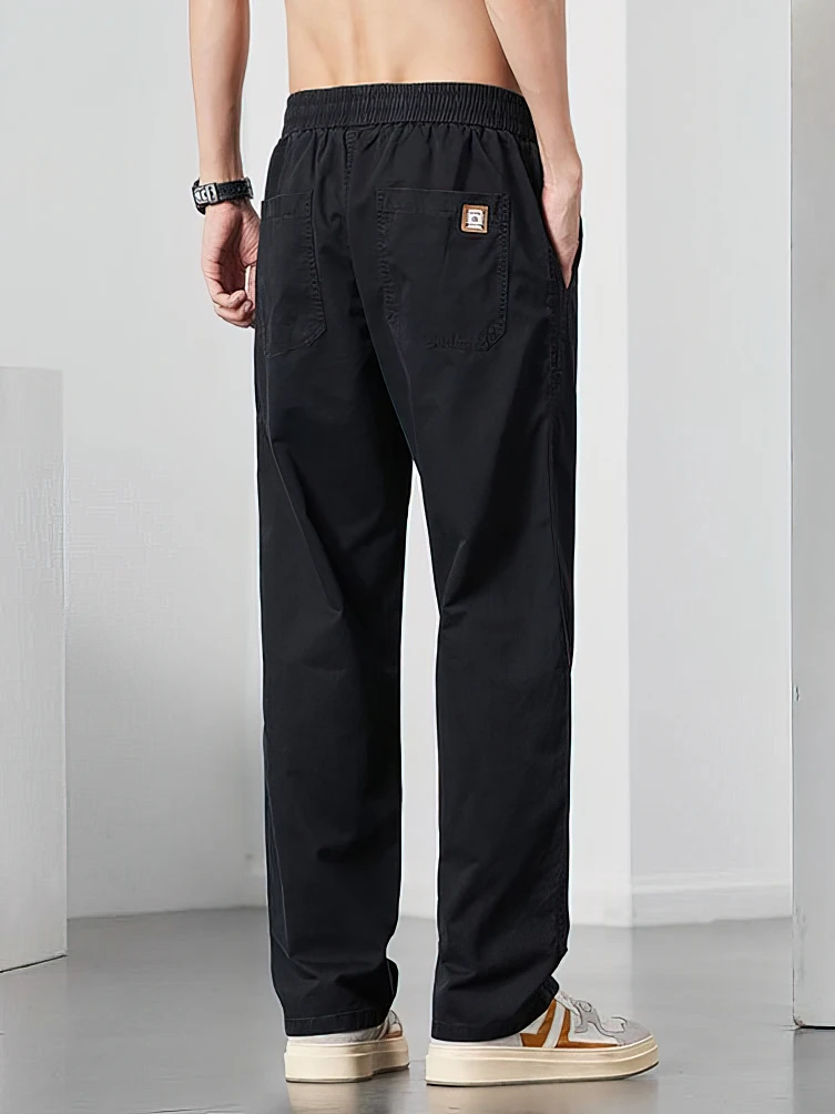 100% Cotton Straight Casual Pants Men Work Wide Leg Brown Long Cargo Trousers Loose Drawstring Sweatpants Male 4