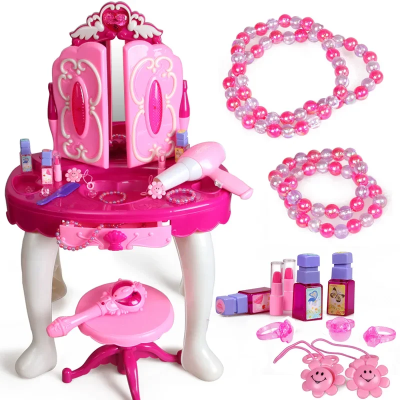 High Quality LED Lights music Kids Cosmetics Dressing table lipstick nail comb hair dryer Play house Interactive Toy baby gift
