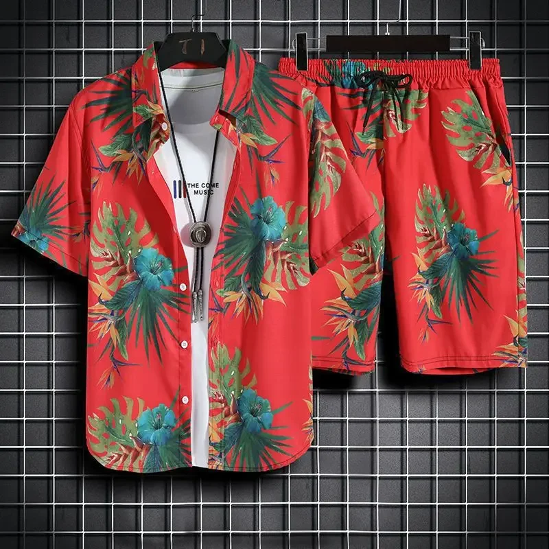 Men's Beach 2-Piece Quick-Drying Hawaiian Shirt and Shorts Set Men's Fashion Printed Beach Pants  Tracksuit Men  TracksuitShirts