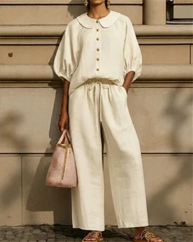 2026 Summer New Cross-border Amazon Women's Fashion Cotton Linen Lantern Sleeve Shirt Mid-waist Drawstring Pants Set 1
