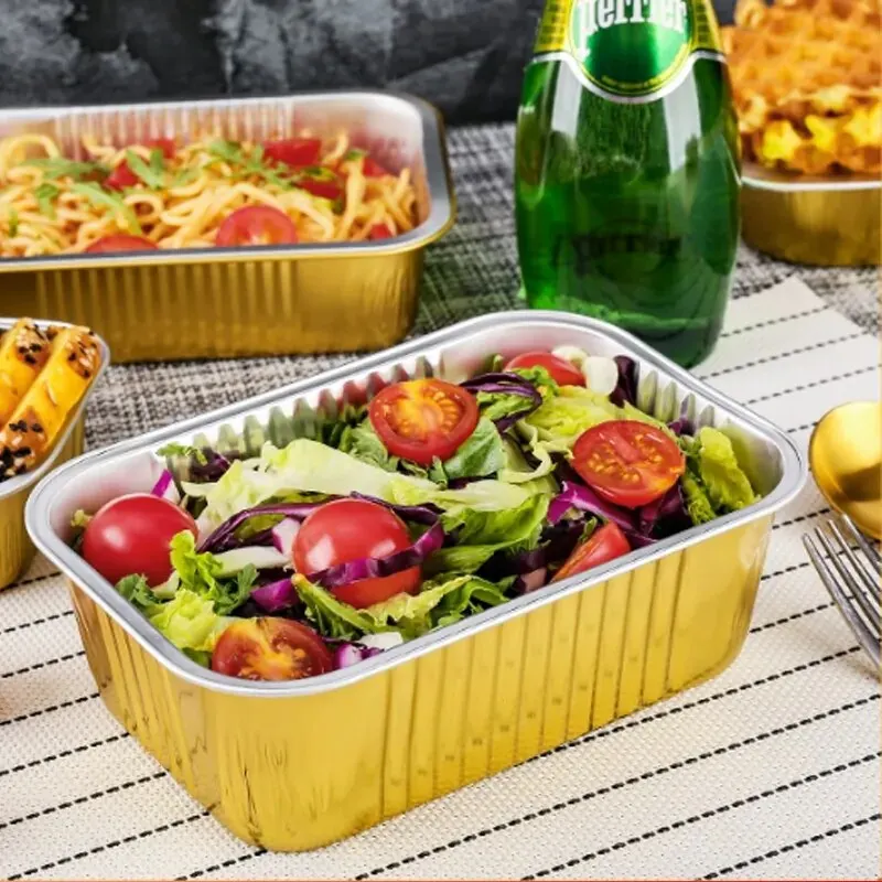 Aluminum Foil Cake Baking Boxes Thickened Gold Without Strap Disposable Rectangular Aluminum Foil Boxes(750ml)