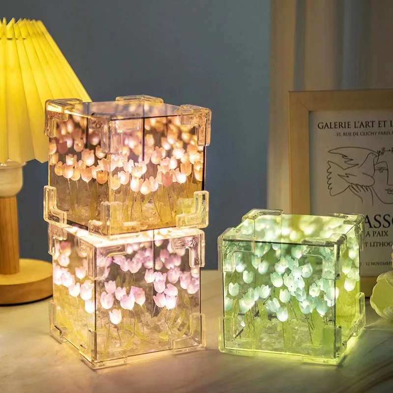 

2024 Creative Diy Tulip Flower Sea Cube Three-Dimensional Small Night Lamp Material Package for Girlfriend Couple Girlfriends