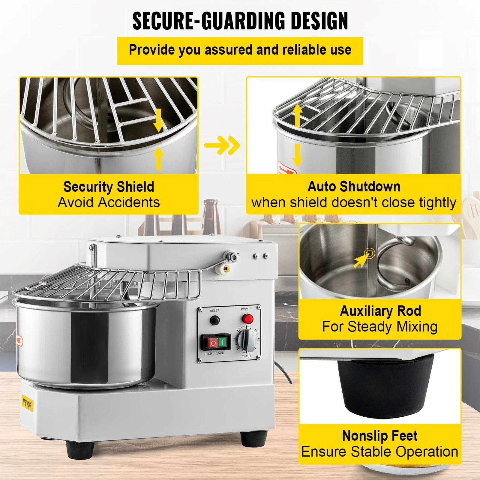 VEVOR Commercial Food Mixer, 8.5Qt Capacity, 450W Dual Rotating Dough Kneading Machine with Food-grade Stainless Steel Bowl 6