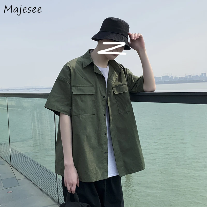 

Shirts Men Handsome Cargo Clothing Ins Teens All-match Popular Pure Color Korean Stylish Streetwear Casual Baggy Harajuku Summer