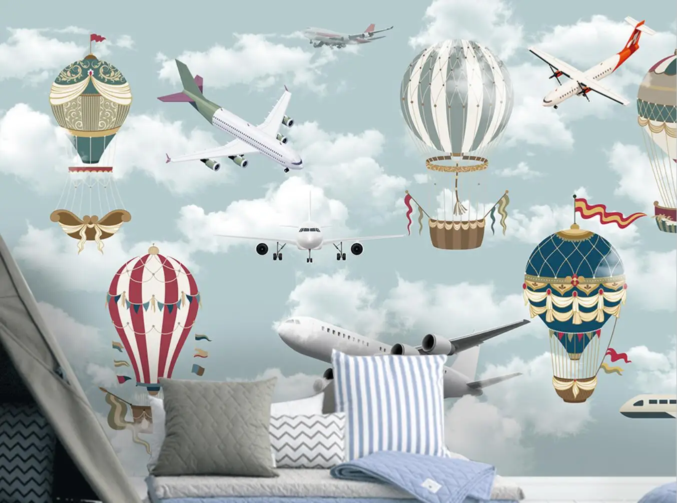 

hydrogen balloon flying up clouds sky cartoon Mural Wallpaper Modern Wall Painting Living Room Bedroom Home Decor Papel De Pared
