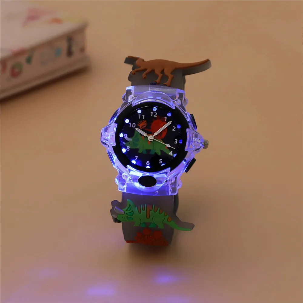 4 Colors Cartoon Animal Flash Light 3D Dinosaur Watches For Girls Boys New Flashlight Wristwatch For Children 6