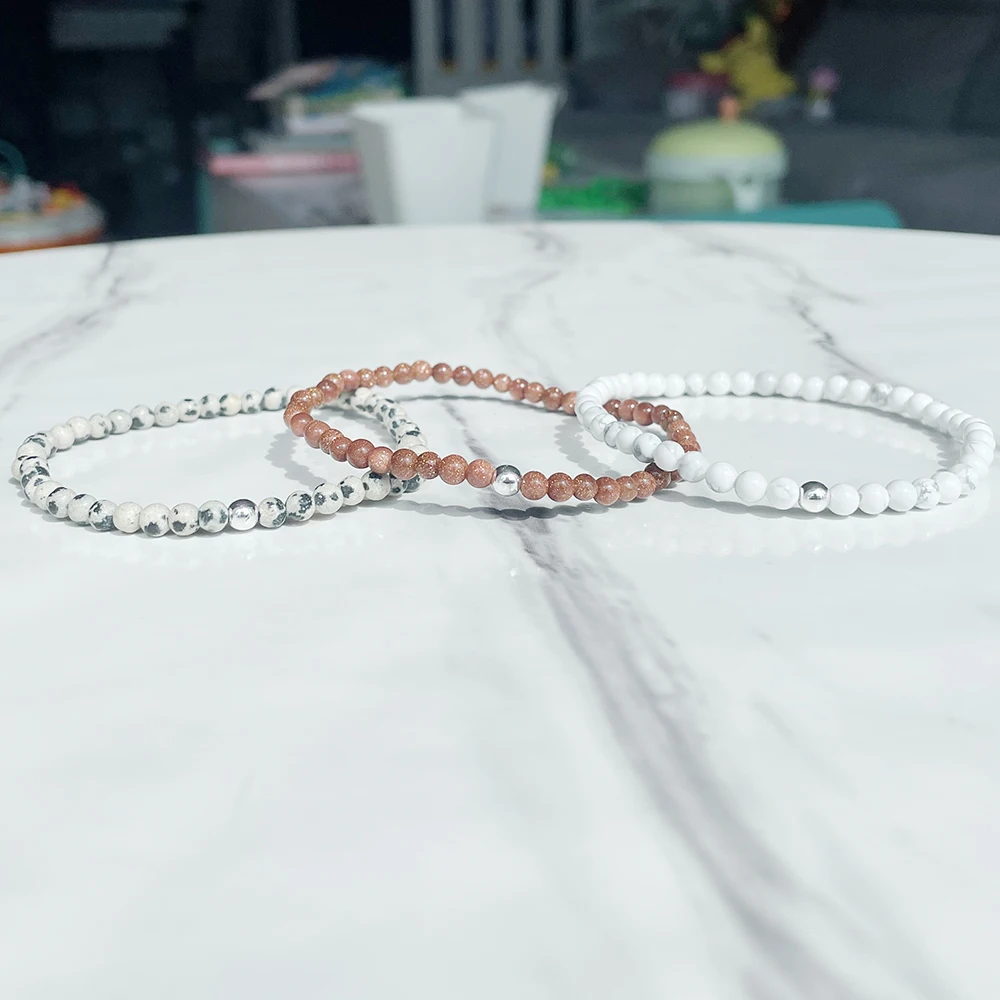Ruberthen 여성용 미니 원석 손목 Mala 쥬얼리, 골든 샌드 달마시안 재스퍼 팔찌 세트, 4 mm
