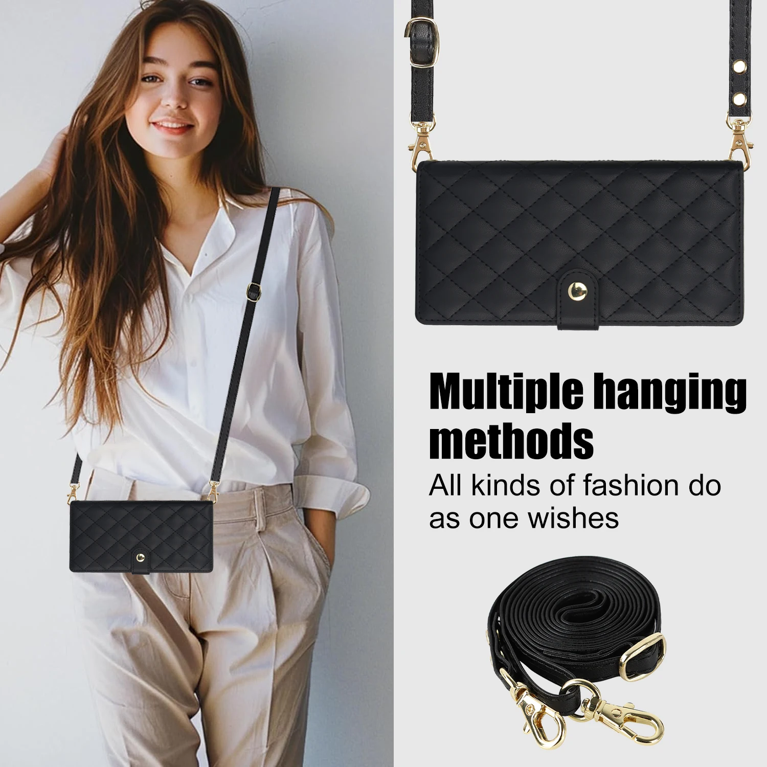 Crossbody Zipper Card Slot Leather Wallet Case with Lanyard Cover