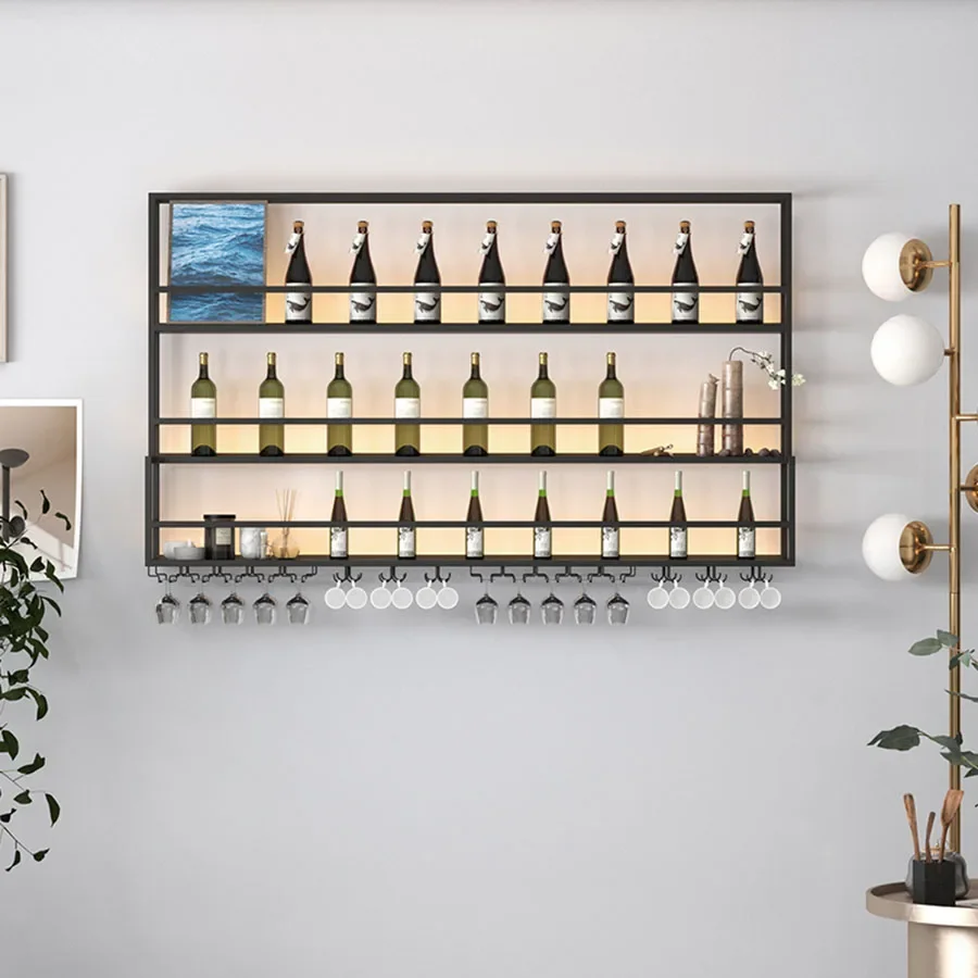 

Hanging Wine Rack Wall Mounted Led Lights Black Shelf Night Club Restaurant Decorative Wine Cabinet Iron