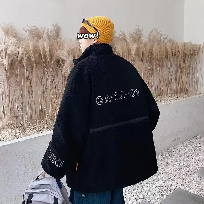 Lamb Cashmere Cotton Coat Men's Winter 2022 New Loose Fashion Coat Hong Kong Fashion Label Stand Neck Drawstring Cotton Coat