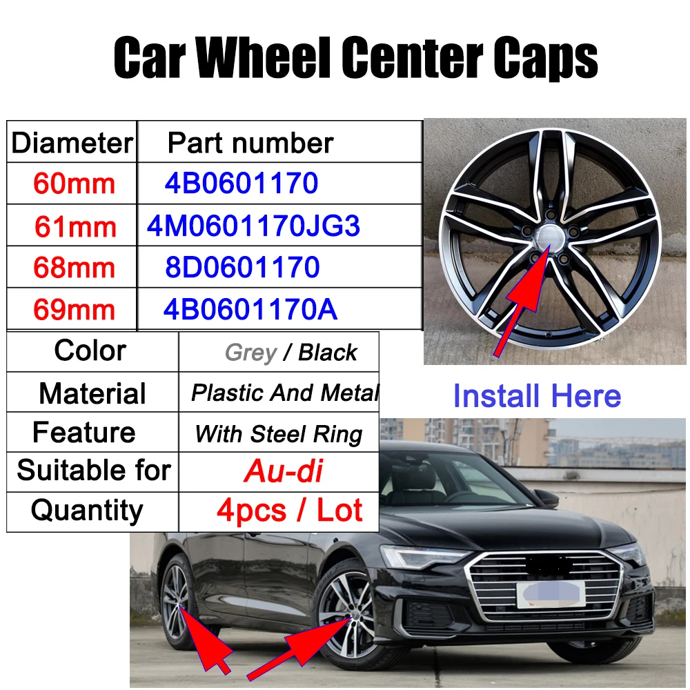 4pcs 60mm 61mm 69mm Car Styling Wheel Center Cap Hub Covers Badge 4B0601170 For Audi A3 A4 A5 A6 A7 A8 S4 S6 Accessories | Автомобили и