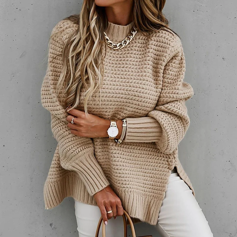 

Knitted Sweater Fashion and Elegant Half-high Neck Lantern Long-sleeved Pullover Tops Ladies Winter Leisure Loose Split Sweater