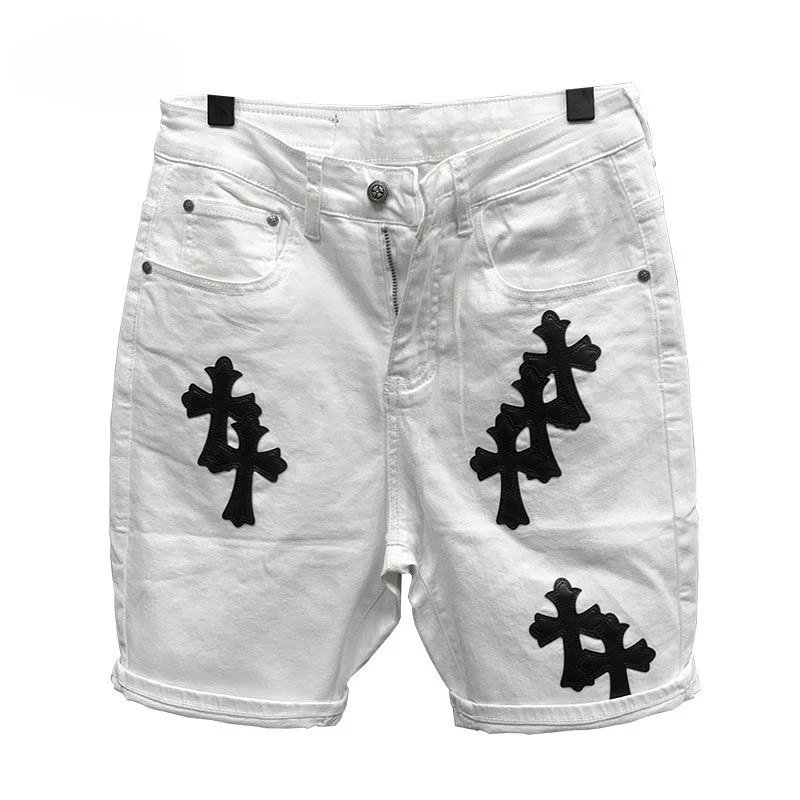 2024 New Summer Cotton Elastic Shorts Men's American Style Street Fashion Brand Embroidered White Denim Shorts for Men and Women