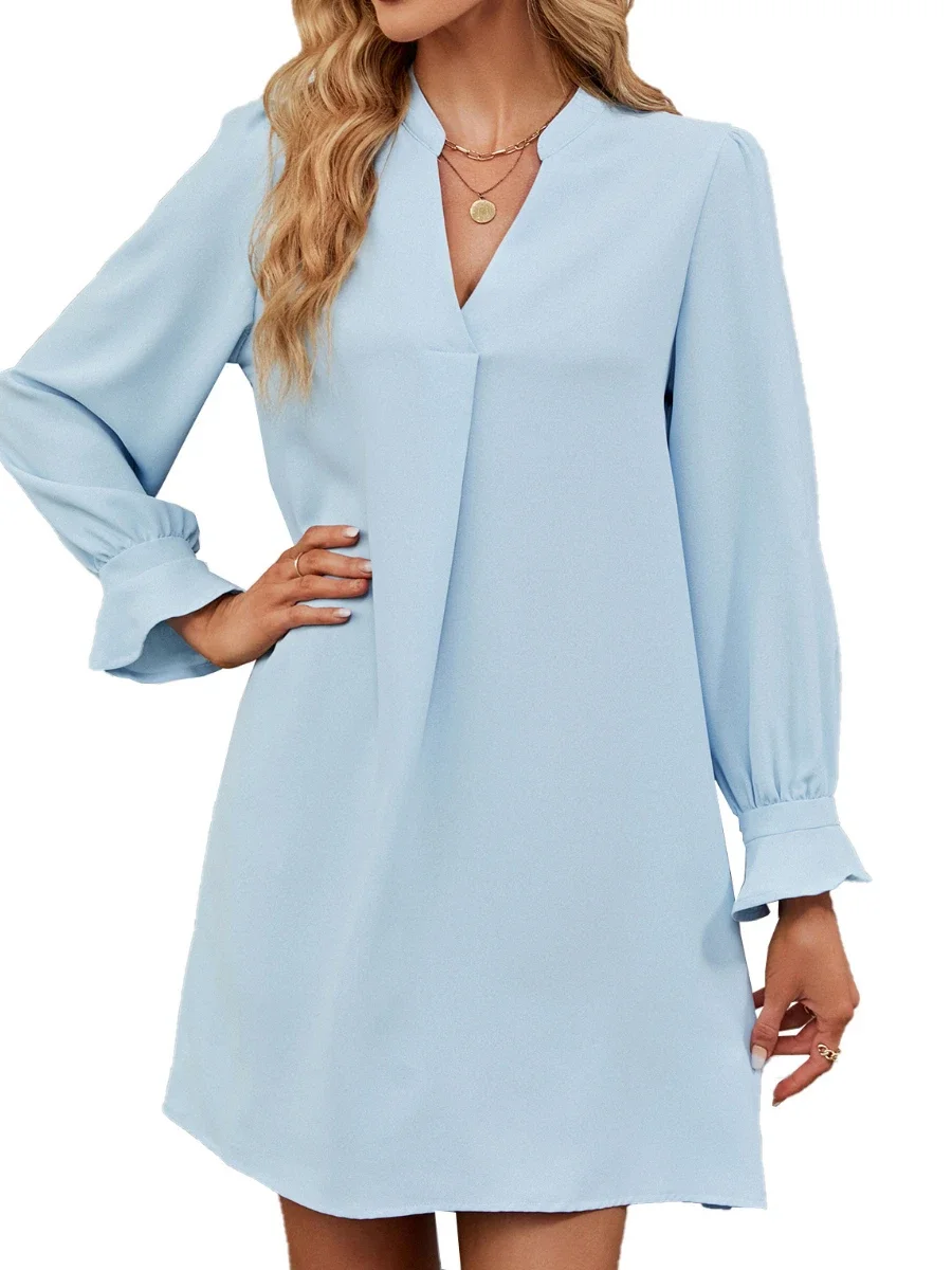 

Women Long Sleeve V-neck Solid Pleated Loose Short Dress