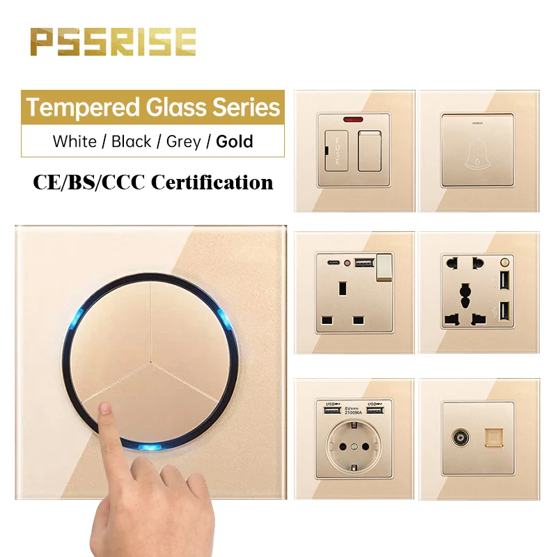 Pssrise Francês ue Reino Unido Interruptor de Luz de Parede Tomada com 5v 2.1a Tipo-c Carregador Usb Painel de Vidro Temperado Tel Tomada de tv Computador