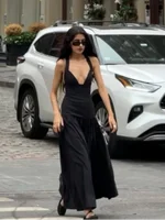 Summer Sexy Black V-neck Sleeveless Backless Maxi Dress Elegant Satin Patchwork Ruched Robes 2025 Lady High Street Dresses 2