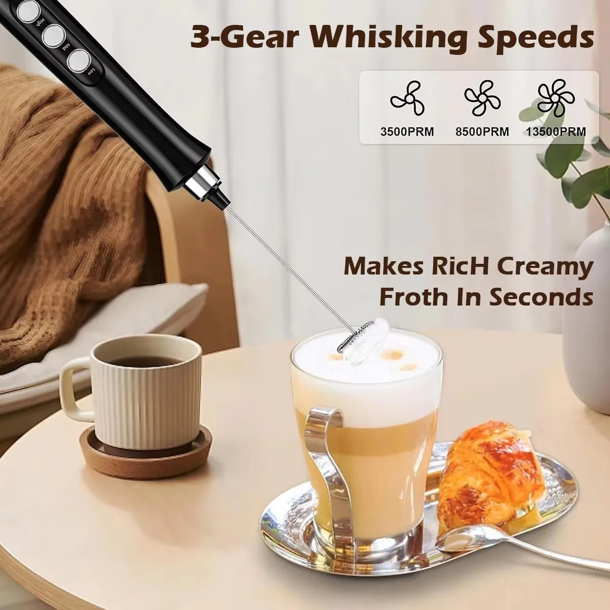 Wireless Rechargeable Electric Milk Frother - 3 Speeds, Handheld Foam Maker for Latte, Cappuccino, Hot Chocolate - USB Rechargea