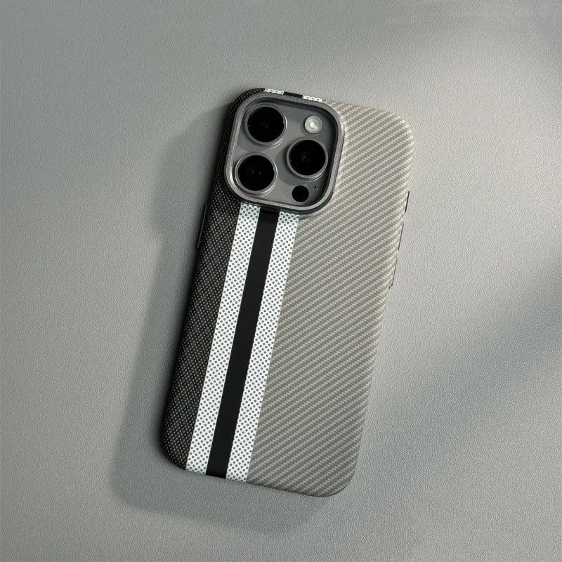Abstract Carbon Fibre MagSafe Case with Alloy Lens Bumper and Wireless Charging Capability