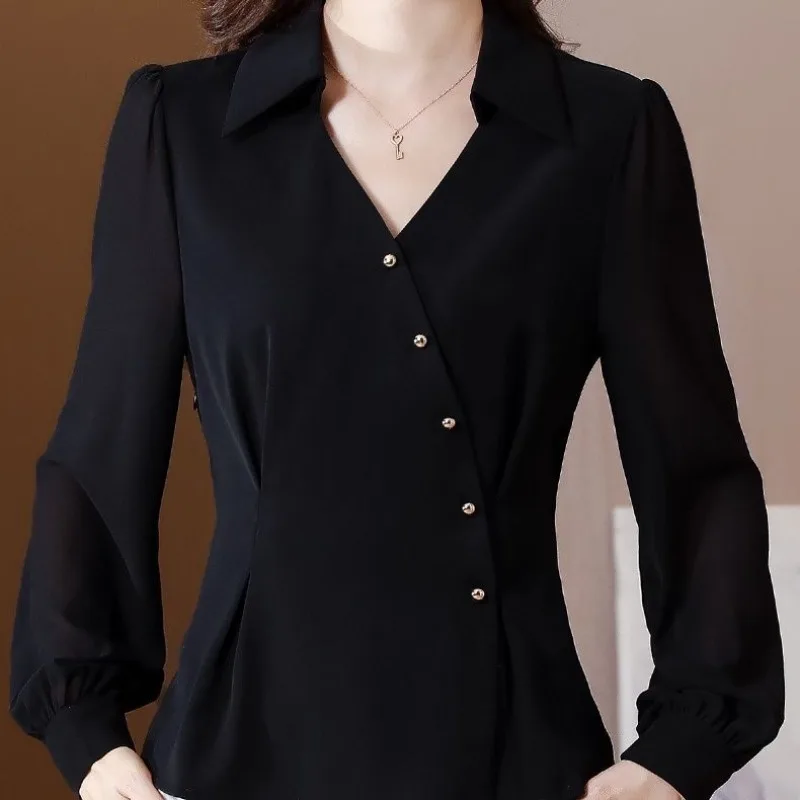 여성 용수철 폴로 칼라 풀오버, 단추 캐주얼, 다용도 긴팔, 슬림핏 셔츠 상의, 우아한 단색, 가을 패션