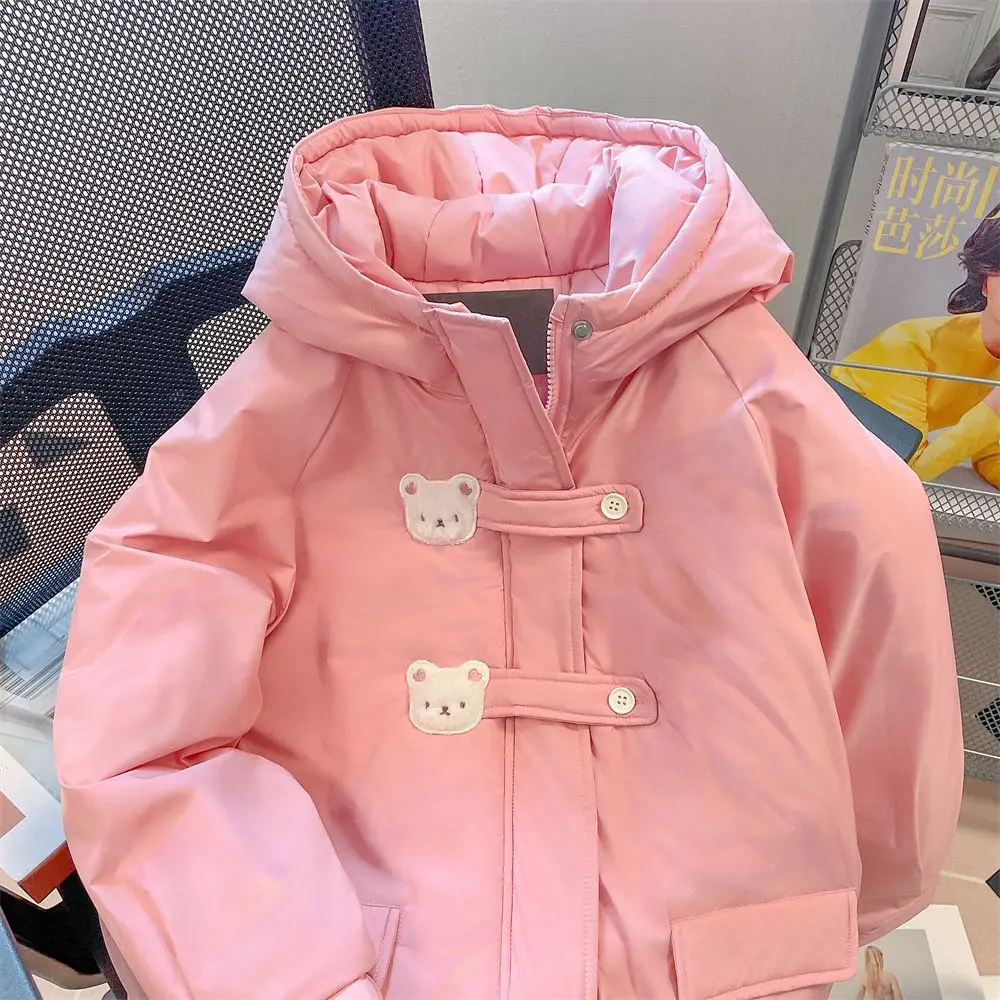 Women's Kawaii Bear Ears Bear Embroidery Pink Hooded Thicken Cotton Padded 2023 Autumn Winter Loose Casual Jacket 1189p loose bear pink 65 см selay toy