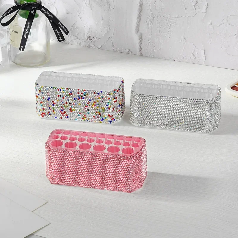 Bling Rhinestone Holes Nail Brushes Storage Box 26 Makeup Brushes Holder Acrylic Organizer Nail Art Bushes Storage Showing Shelf 2