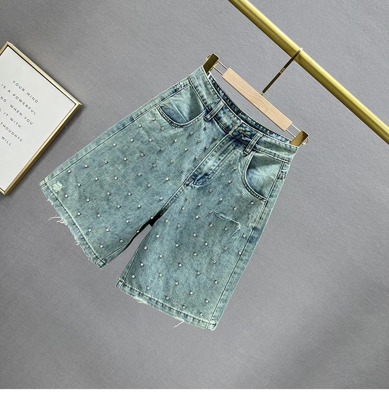 Exquisite Rhinestone Denim Shorts Women's Trousers 2024 New Summer High Waist Loose And Slimming Wide Leg Pants Breeches Female