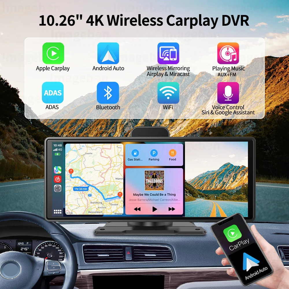 10.26" 4K Dash Cam ADAS Wireless CarPlay Android Auto Mirror Link WiFi