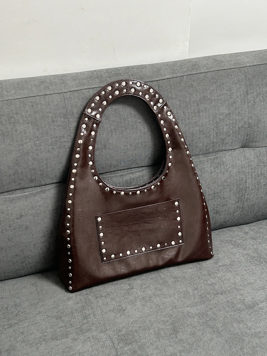 Leather Shoulder Bag 24 Retro Rivet Decorative Shoulder Bag European American Motorcycle Wind Oil Wax Leather Armpit Handbag for Women