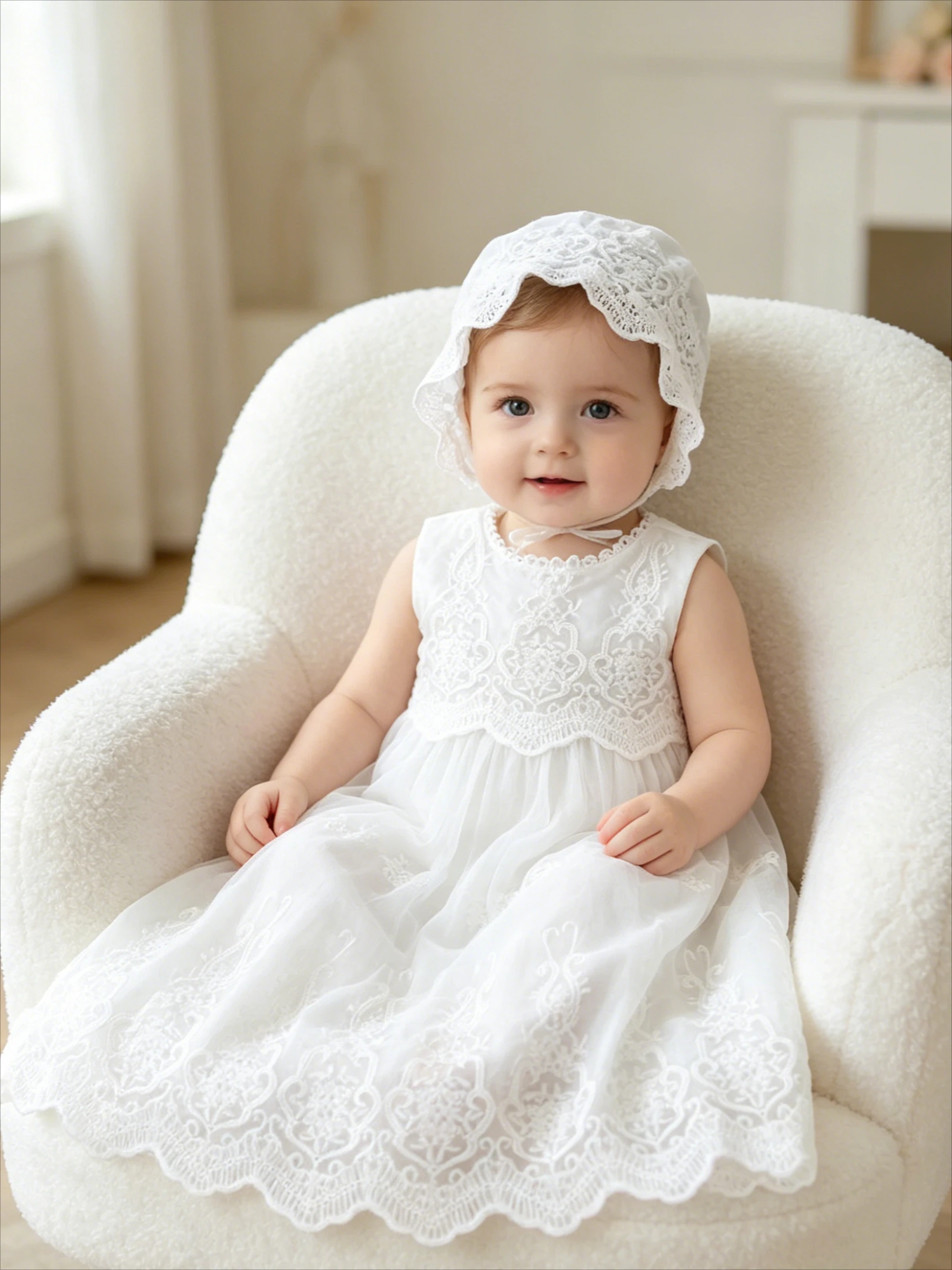 Abiti per Neonata, Vestito da Battesimo per Bambina, Abito da Festa a Maniche Lunghe per Compleanno, Vestito Bianco in Pizzo con Cappello 0-24 Mesi - immagine 2