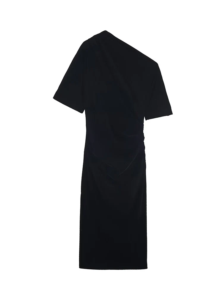 Elegant Off-Shoulder Long Dress For Ladies Sexy Slim Short Sleeve Velvet Solid Dress Women Fashion New Casual Party Outfit